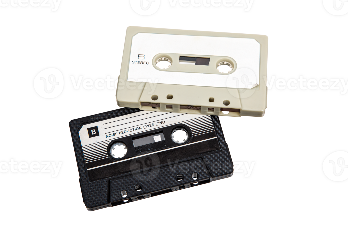 Close-up of an audio cassettes with a sticker without text. Analog storage medium. Cassettes for audio recordings and music. png
