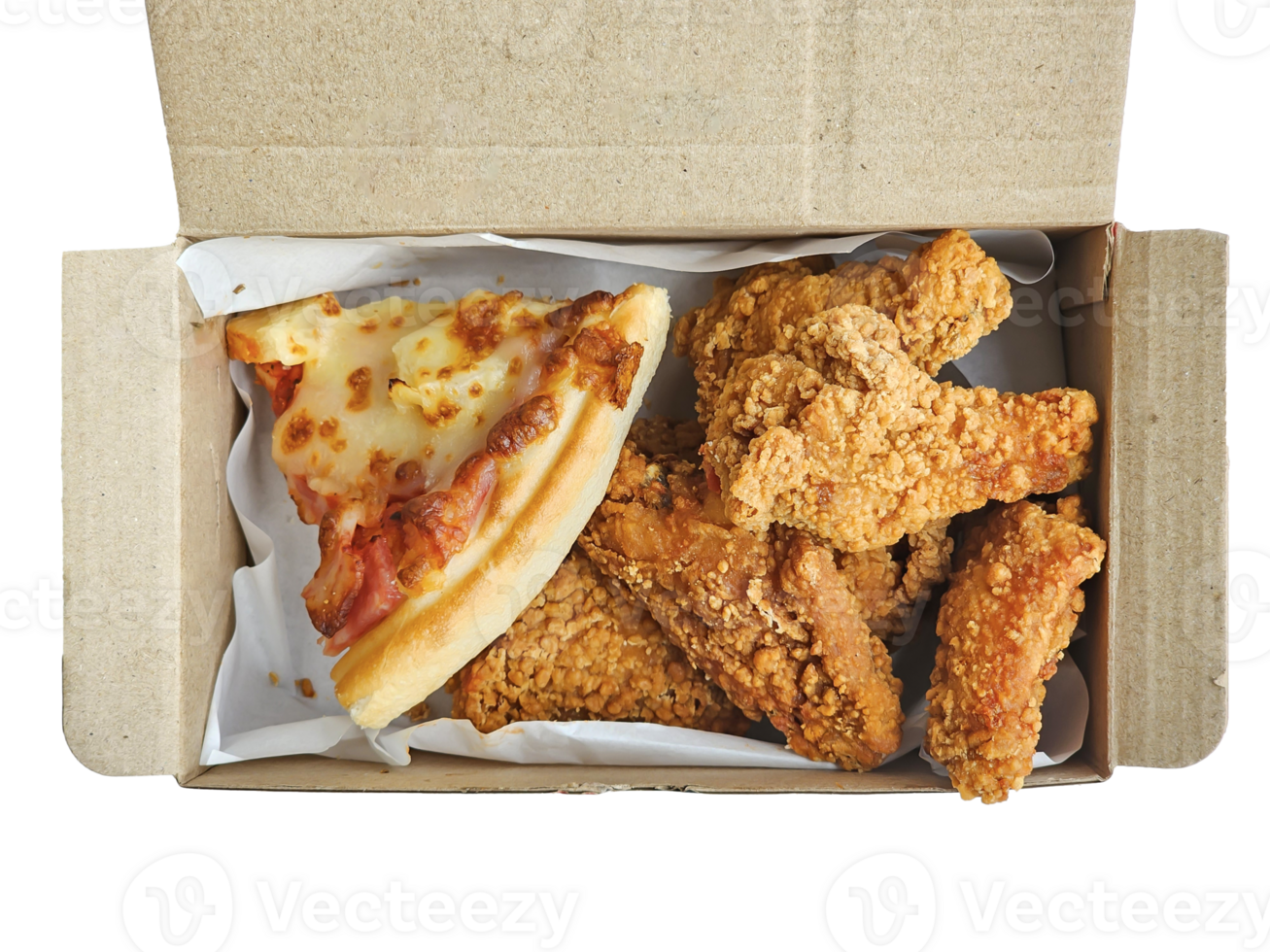 group fried chicken wing and pizza in cardboard box on transparent background, Top view png