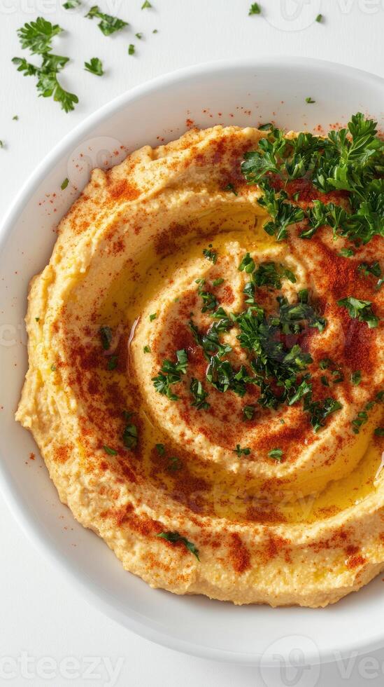 Close-up of Hummus with Paprika and Parsley photo