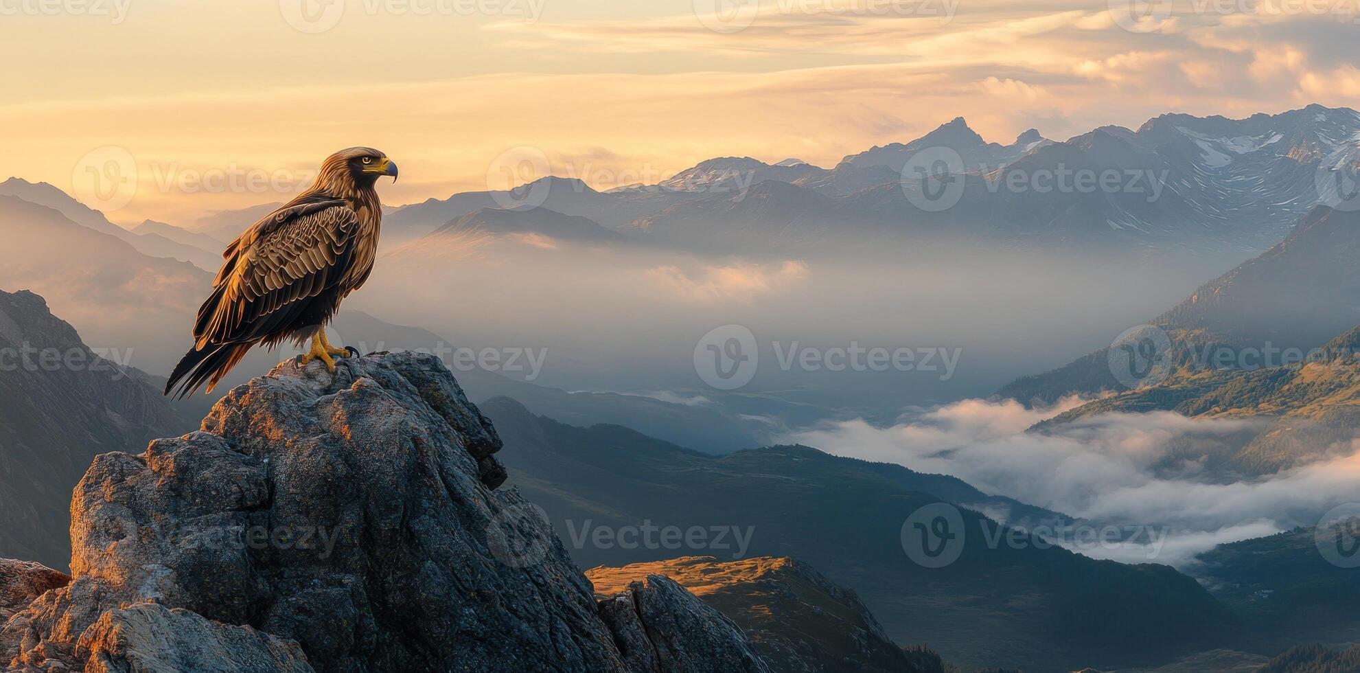 Golden Eagle Perched on a Mountain Peak at Sunset photo