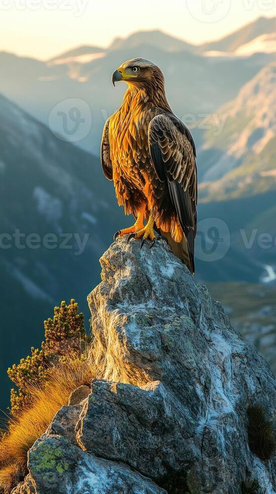 Golden Eagle Perched on a Rocky Mountain Peak at Sunset photo