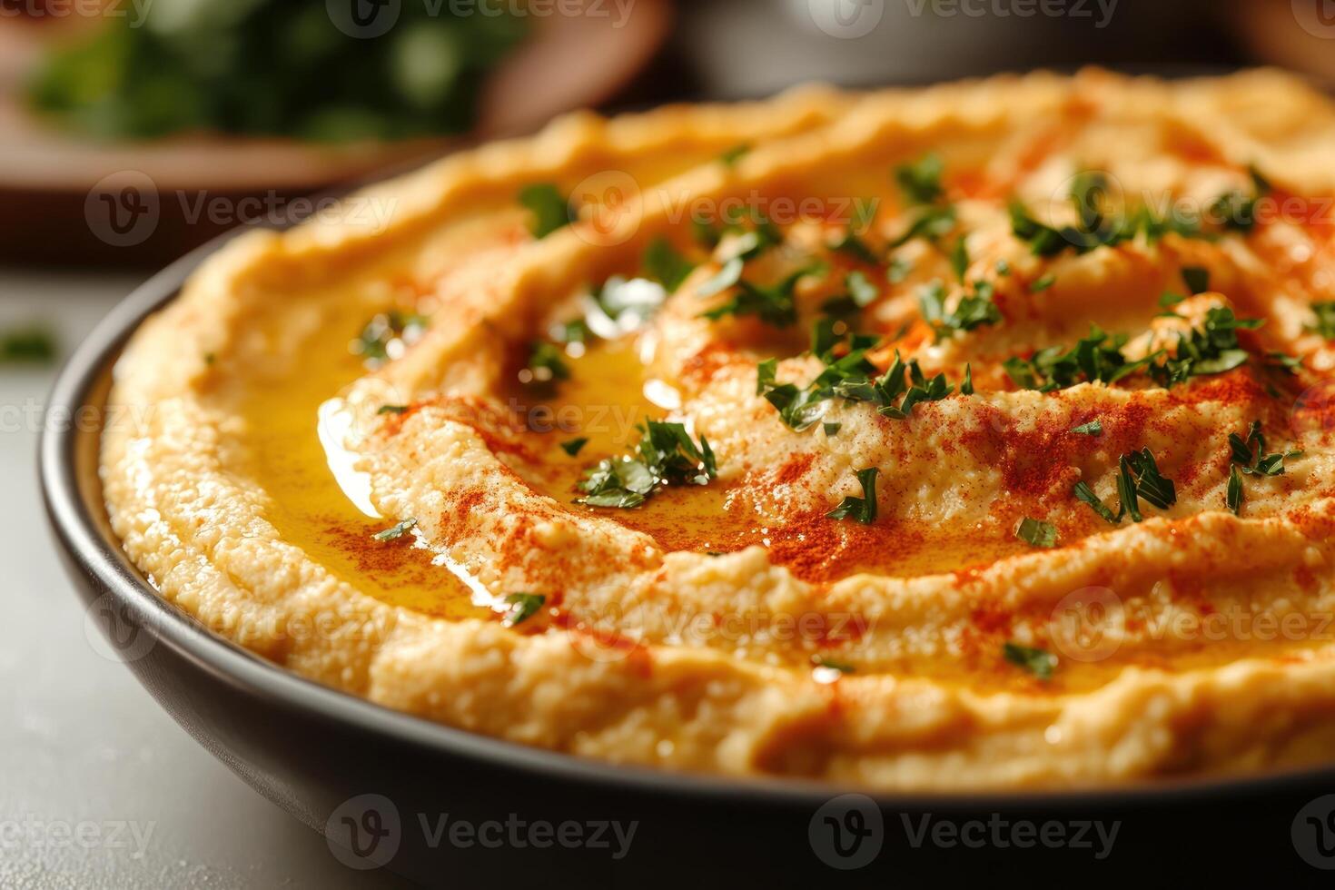 Close-up of Hummus with Paprika and Parsley Garnish photo