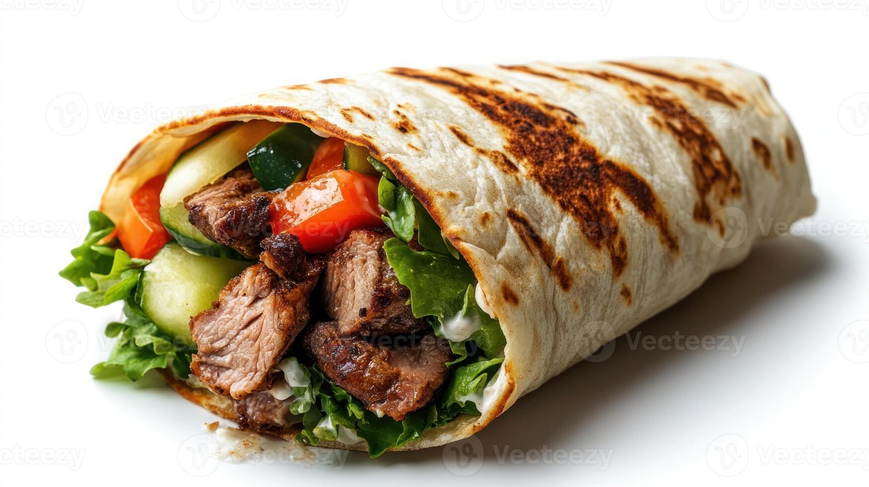 Grilled Meat and Vegetable Wrap with Lettuce and Sauce photo