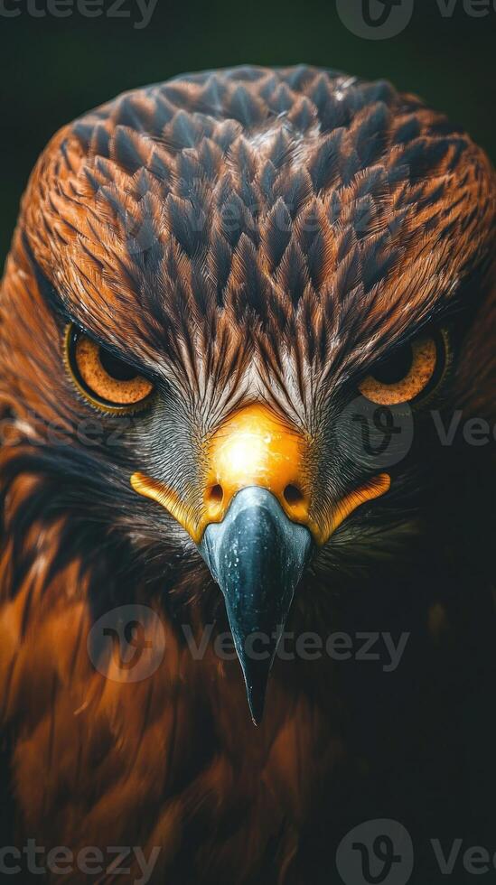 Close-up of a hawk's face with sharp focus on its piercing eyes photo