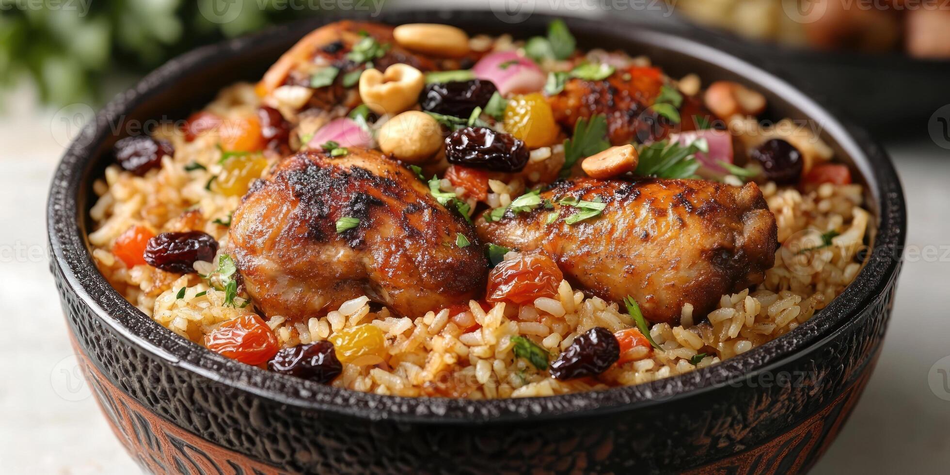 Bowl of Chicken and Rice with Dried Fruits and Nuts photo
