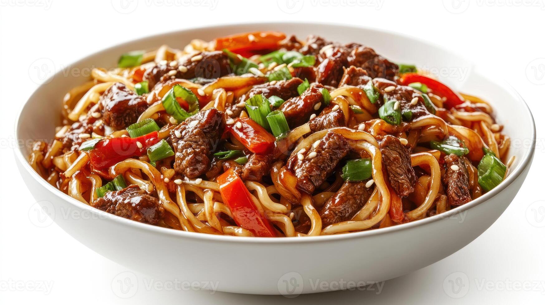 Bowl of Noodles with Beef, Peppers, and Green Onions photo