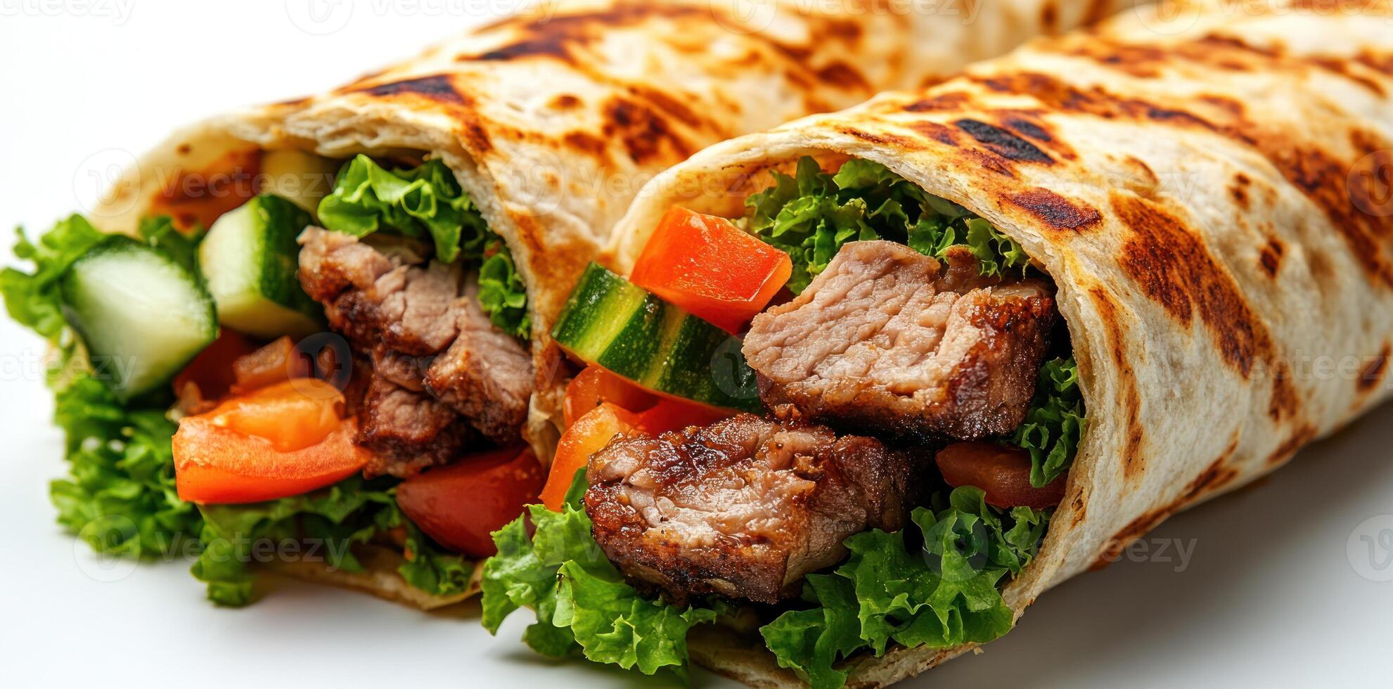 Close-up of a Beef and Vegetable Wrap with Toasted Tortilla photo