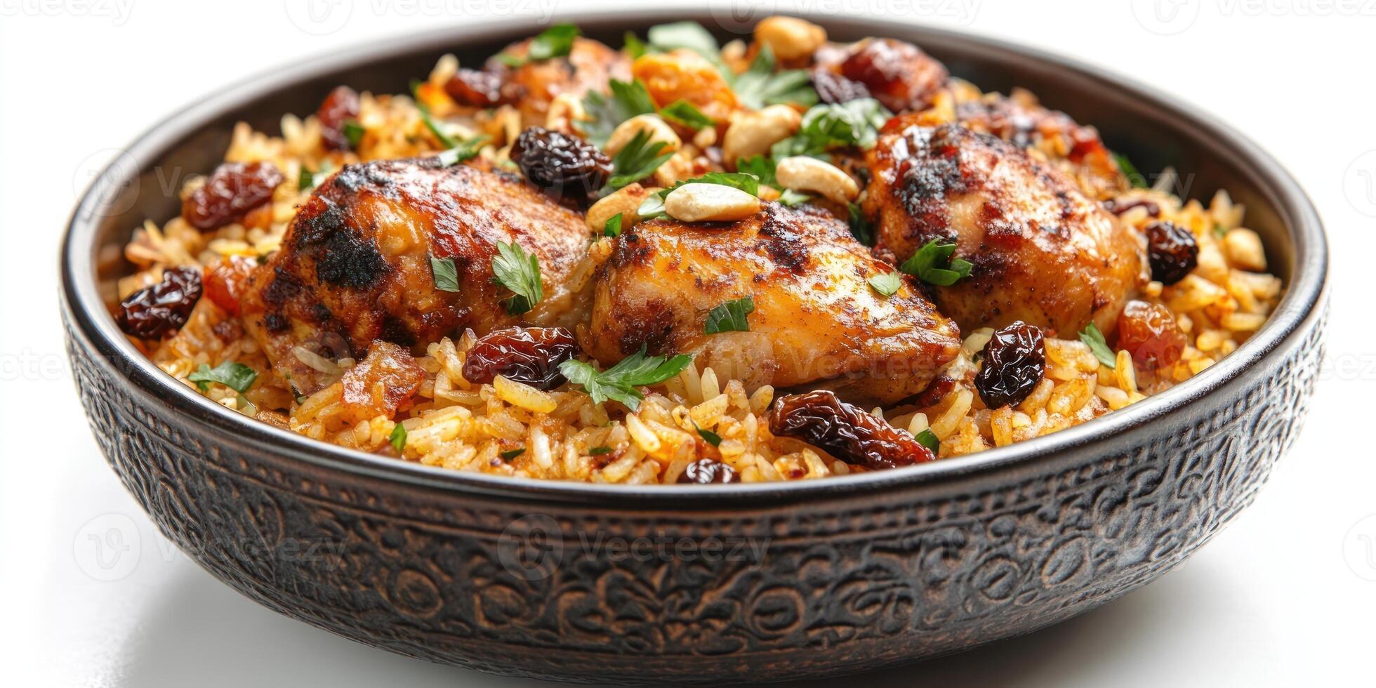 Chicken and Rice Dish with Raisins and Cashews in Ornate Bowl photo