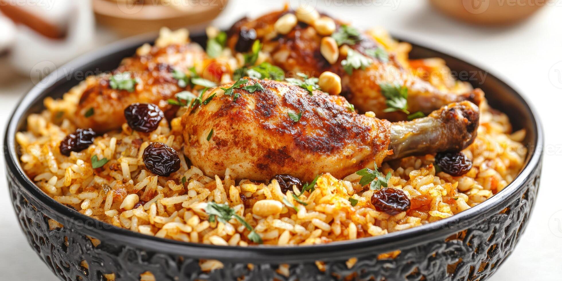 Chicken and Rice Dish with Raisins, Pine Nuts, and Parsley in a Black Ornate Bowl photo
