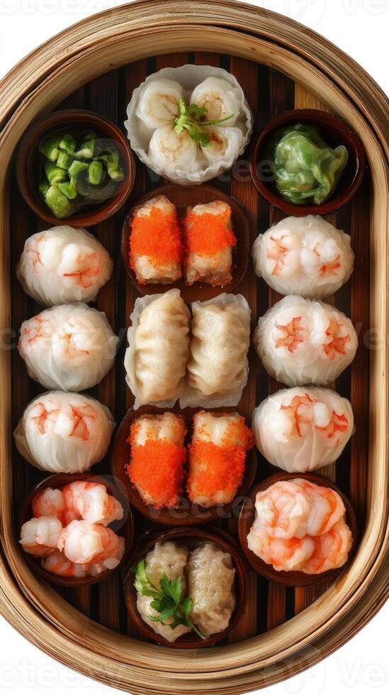A Variety of Chinese Steamed Dumplings in a Bamboo Steamer photo