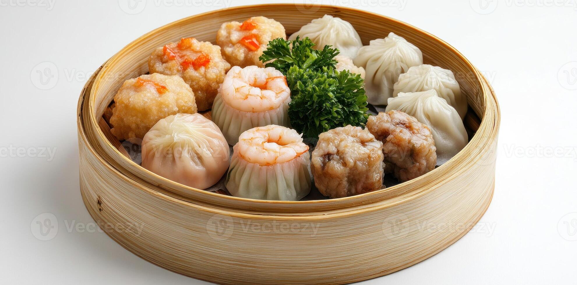 Assorted Chinese Steamed Dumplings in a Bamboo Steamer photo