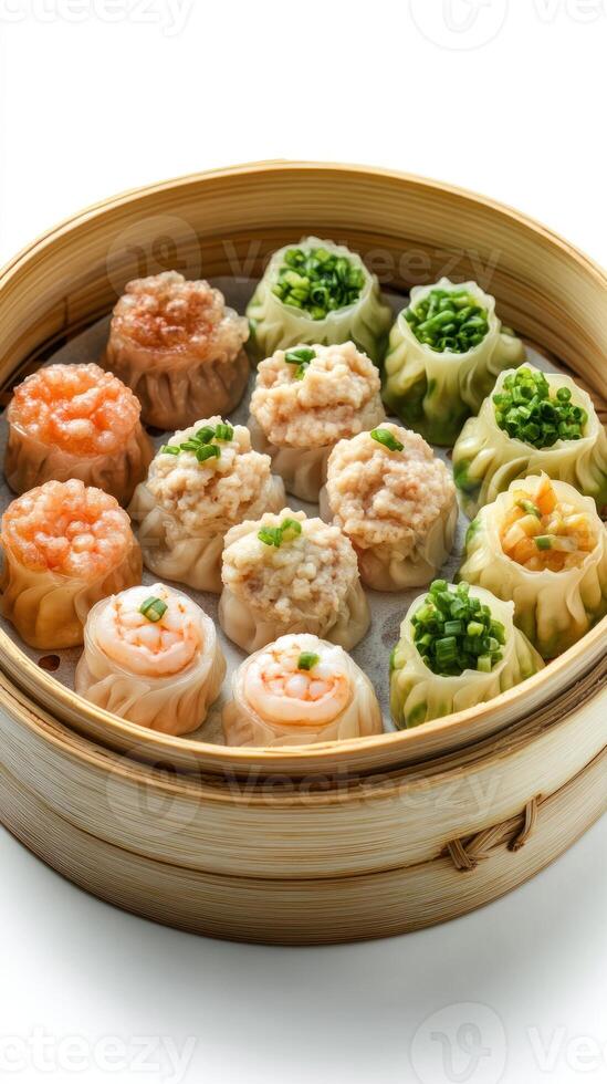 Assorted Steamed Dumplings in a Bamboo Steamer photo