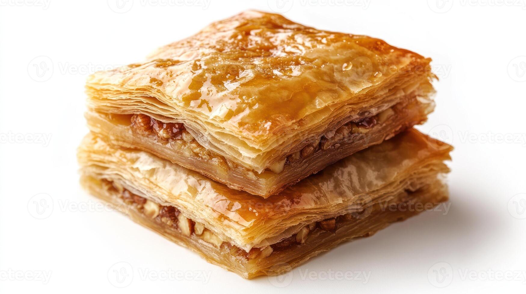 Two Pieces of Golden Baklava with Visible Nuts and Syrup photo