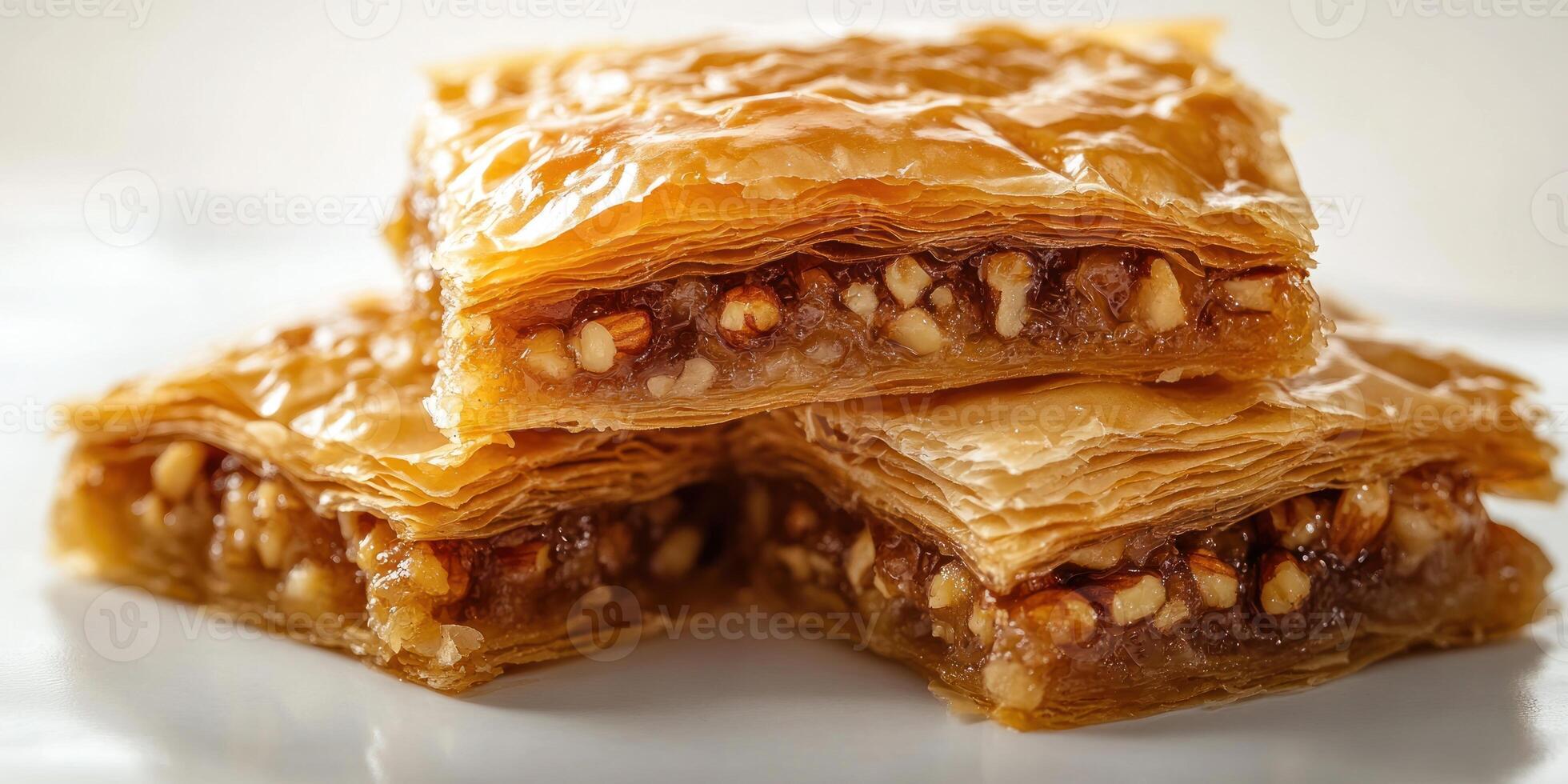 Close-up of a Stack of Golden Baklava with Nuts and Syrup photo