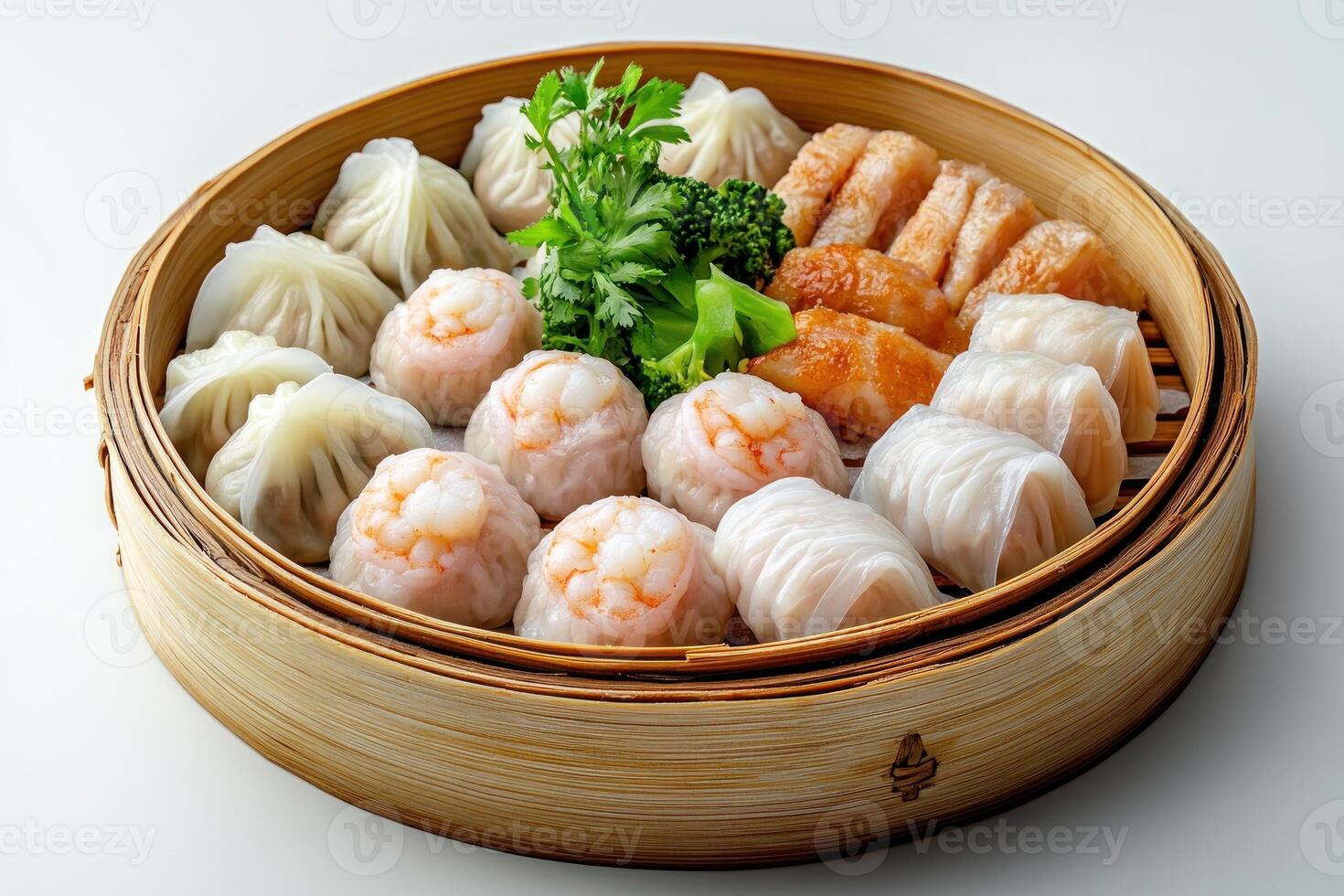 Steamed Dumplings and Fried Rolls in a Bamboo Steamer photo