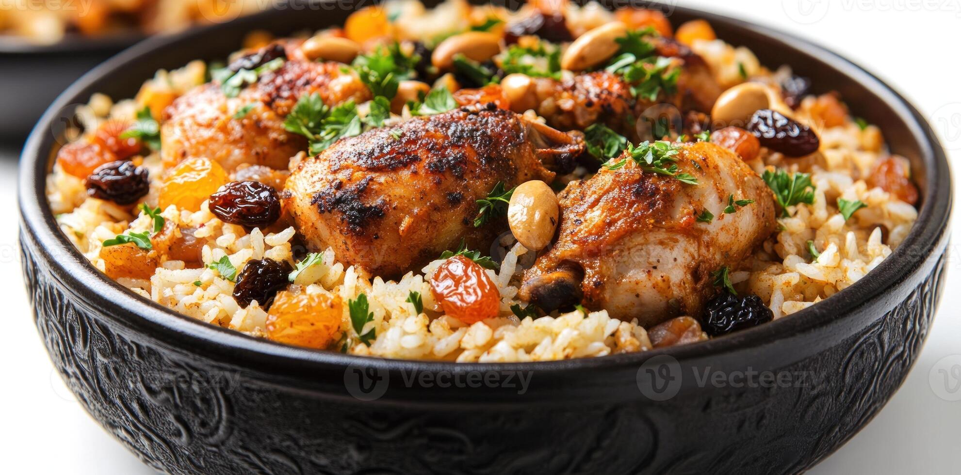 Close-up of Chicken and Rice Dish with Dried Fruit and Nuts in Black Bowl photo