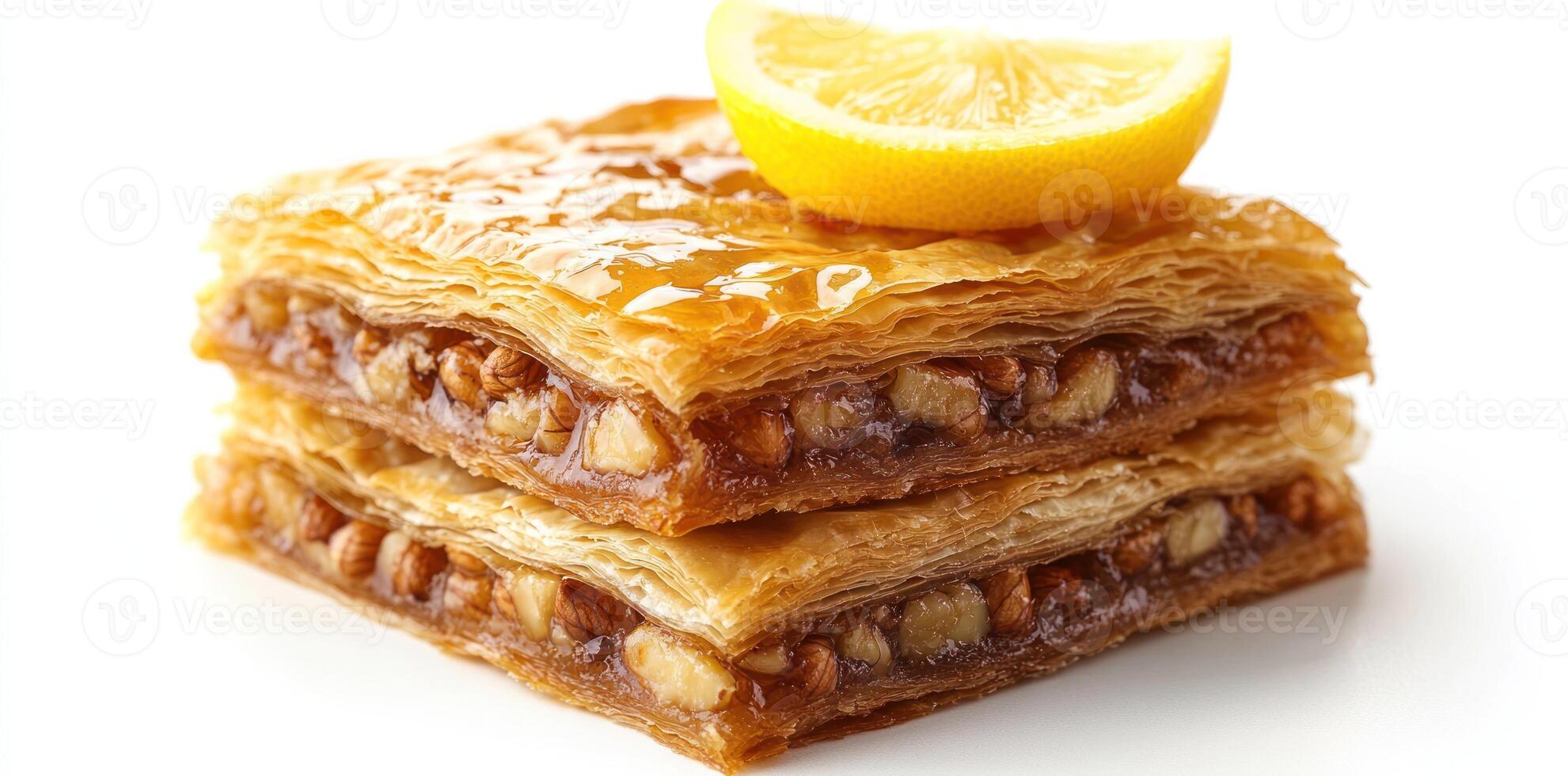 Two Pieces of Baklava with a Lemon Slice on Top photo