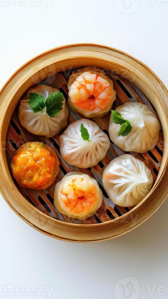 Steamed Dumplings with Shrimp and Vegetable Fillings in a Bamboo Steamer photo