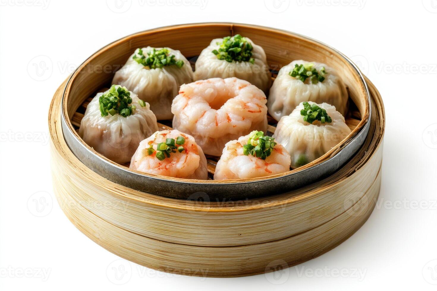 Steamed Dumplings with Shrimp and Pork Filling in a Bamboo Steamer photo