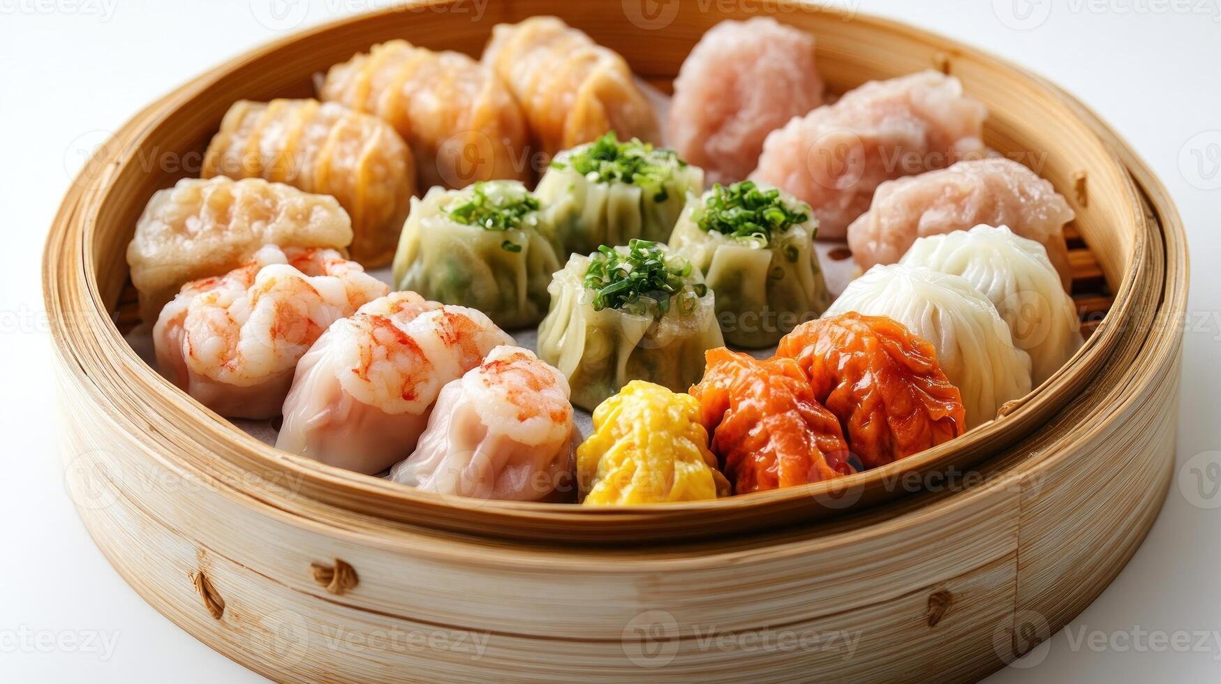 Assortment of Steamed Dumplings in a Bamboo Steamer photo
