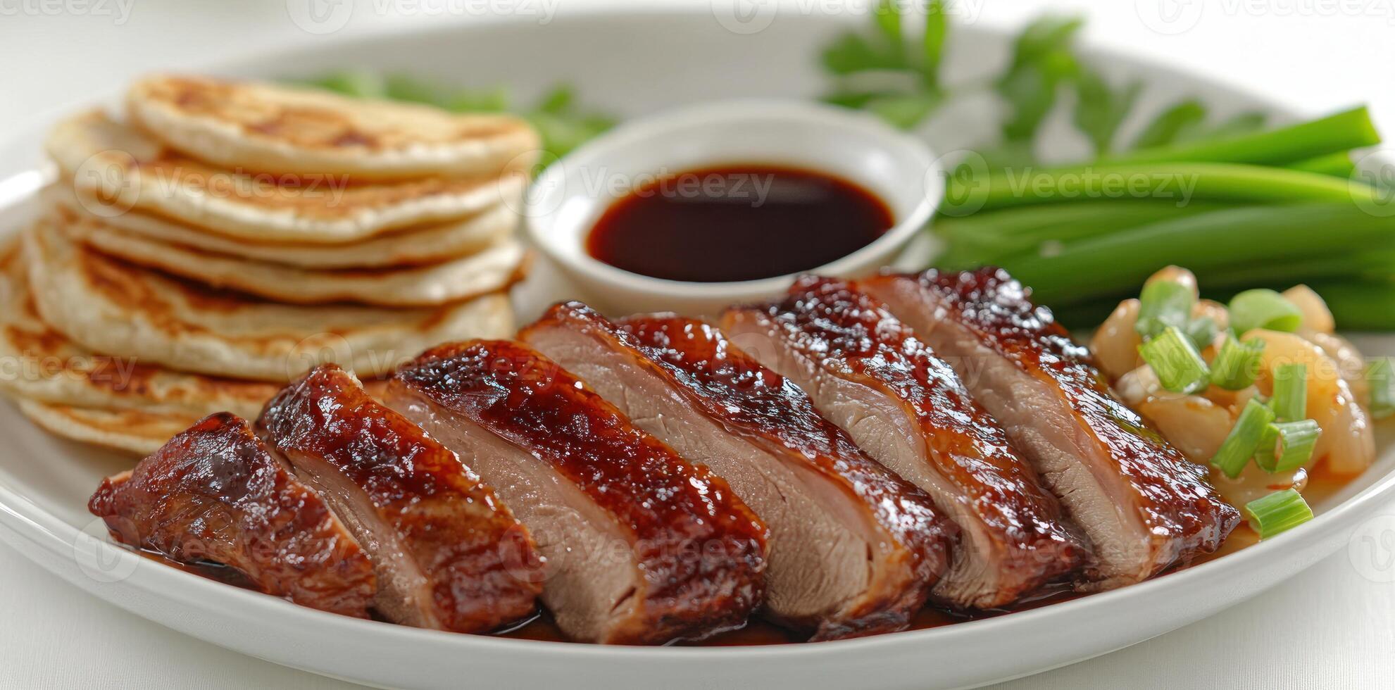 Roasted Duck with Pancakes, Sauce, and Green Onions photo
