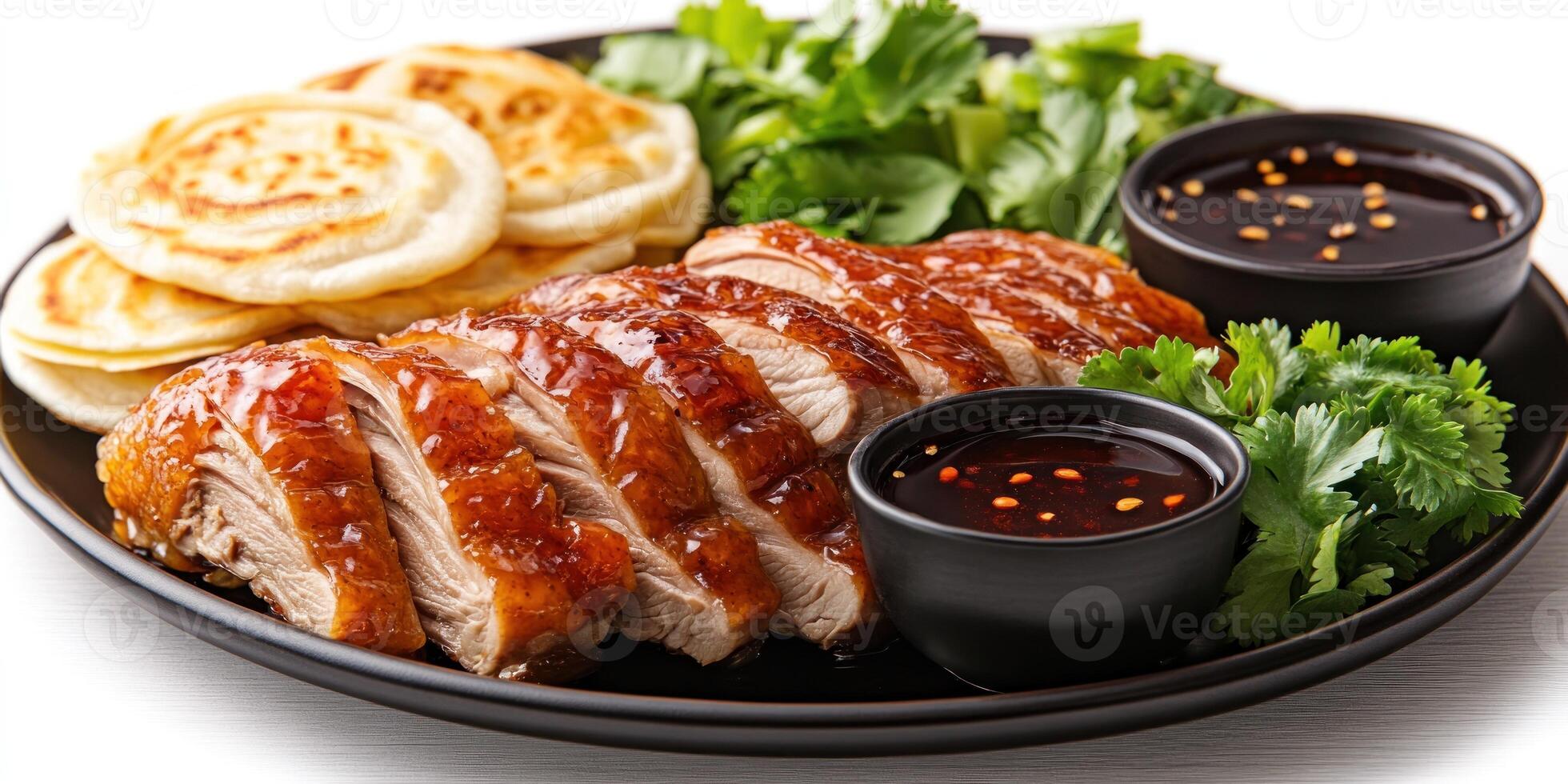 Sliced Roasted Duck with Pancakes, Sauce, and Cilantro photo