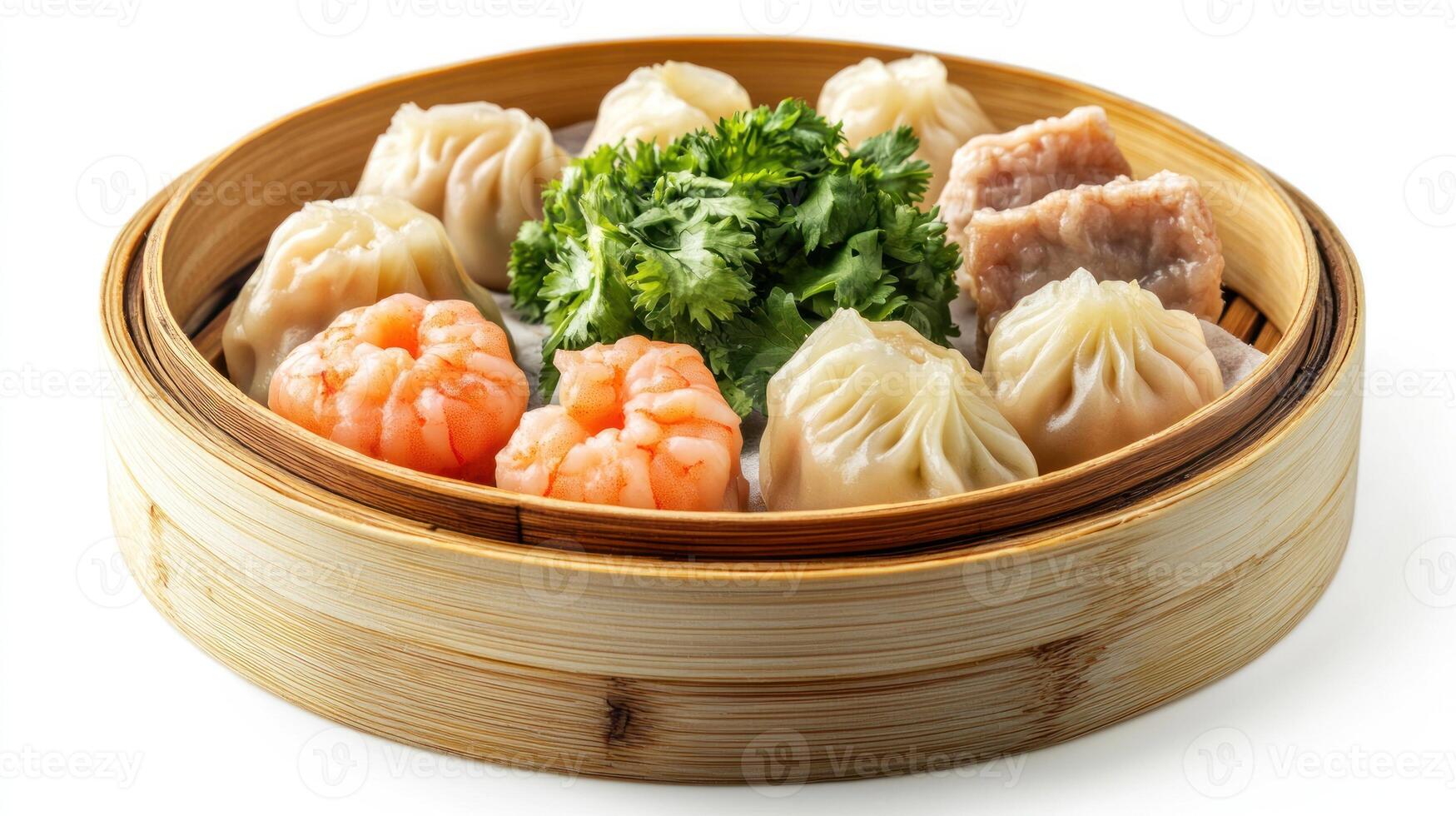 Steamed Dumplings with Shrimp and Pork Filling in Bamboo Steamer photo