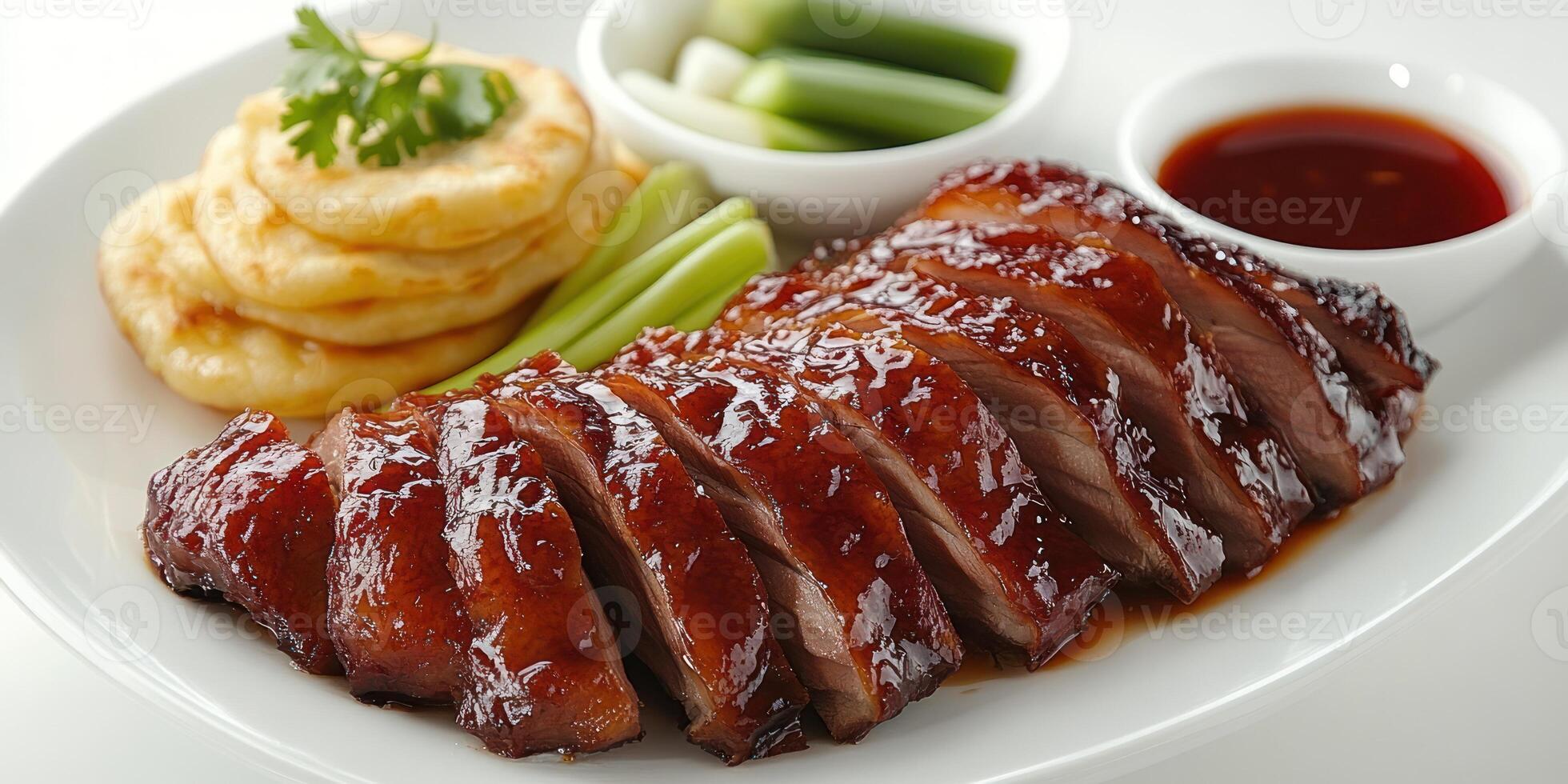Sliced Roast Duck with Sides on White Plate photo