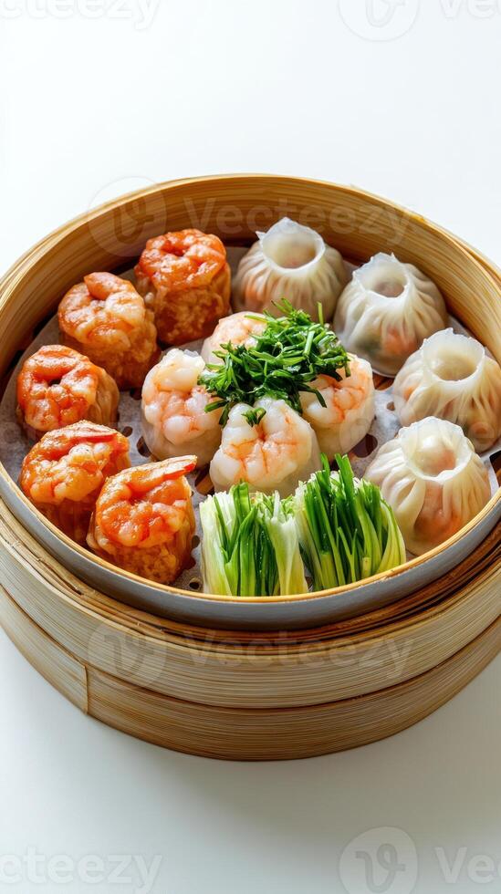 Steamed Shrimp and Pork Dumplings in Bamboo Steamer photo