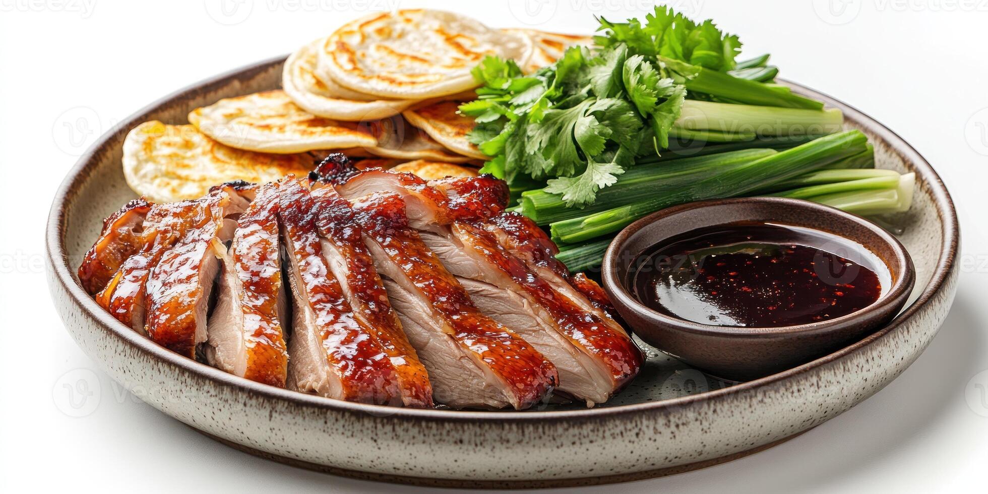 Sliced Peking Duck with Pancakes, Greens, and Dipping Sauce photo