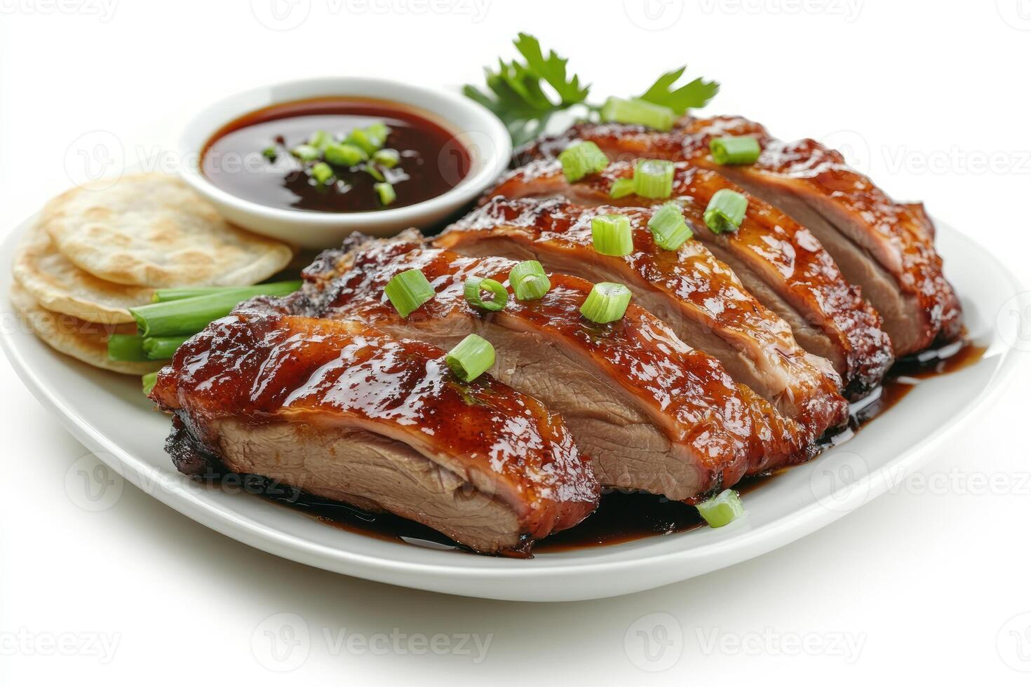 Sliced Roast Duck with Glaze, Green Onions, and Pancakes photo