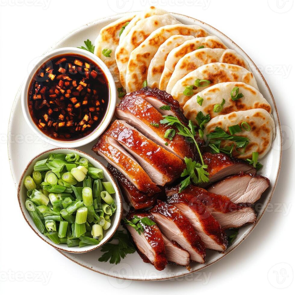 Roasted Duck with Pancakes, Green Onions, and Sauce photo