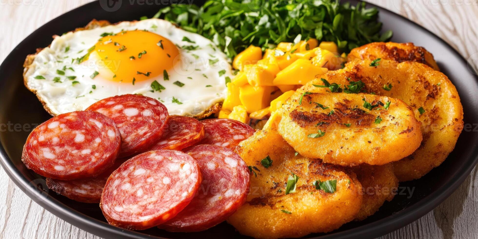 Fried Potato Cakes, Salami, Fried Egg, and Mango Salad on a Plate photo