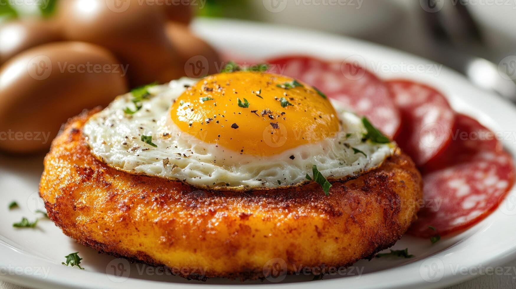 Fried Egg on Potato Pancake with Salami and Parsley photo