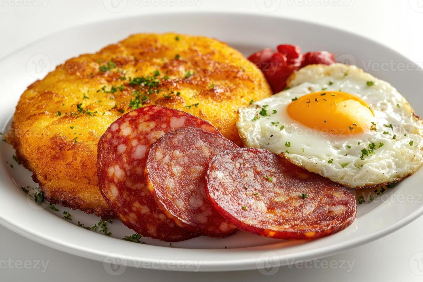 Fried Cornmeal Cake with Salami, Fried Egg, and Parsley Garnish on a White Plate photo