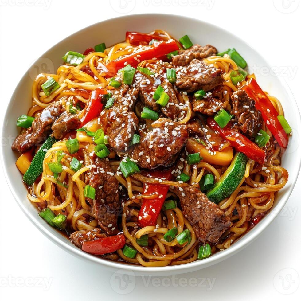 Beef and Vegetable Stir-Fry with Noodles and Sesame Seeds photo