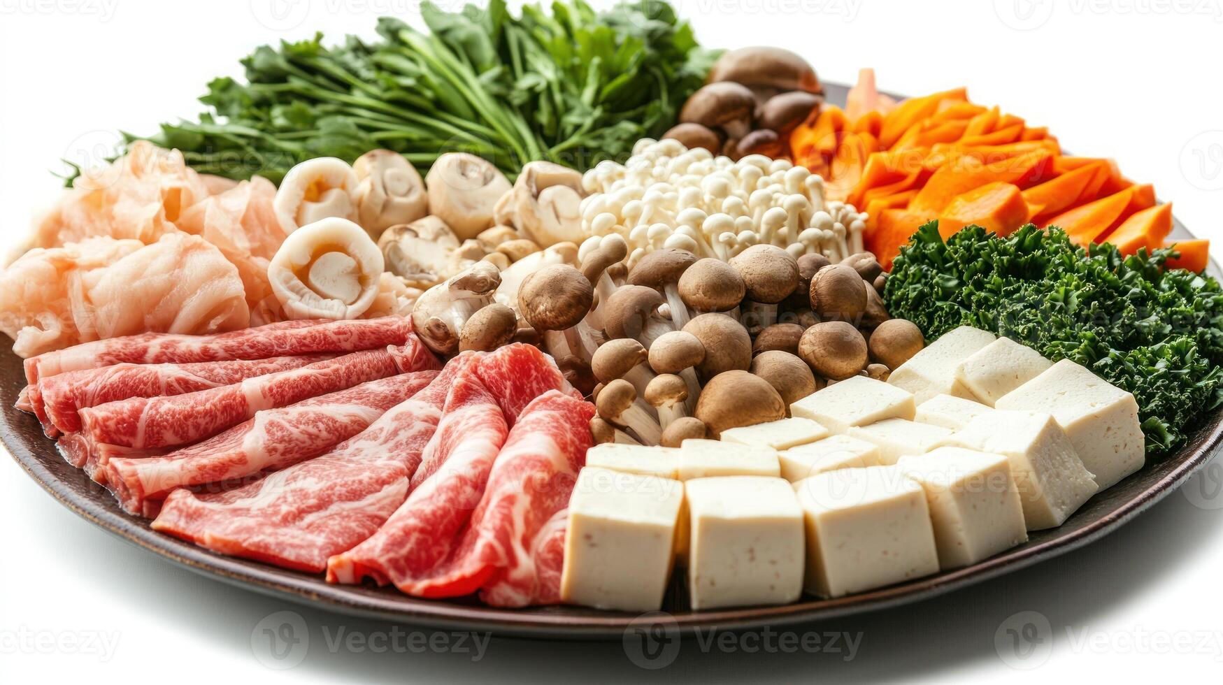 Plate of Sliced Beef, Tofu, Mushrooms, and Vegetables for Hot Pot photo