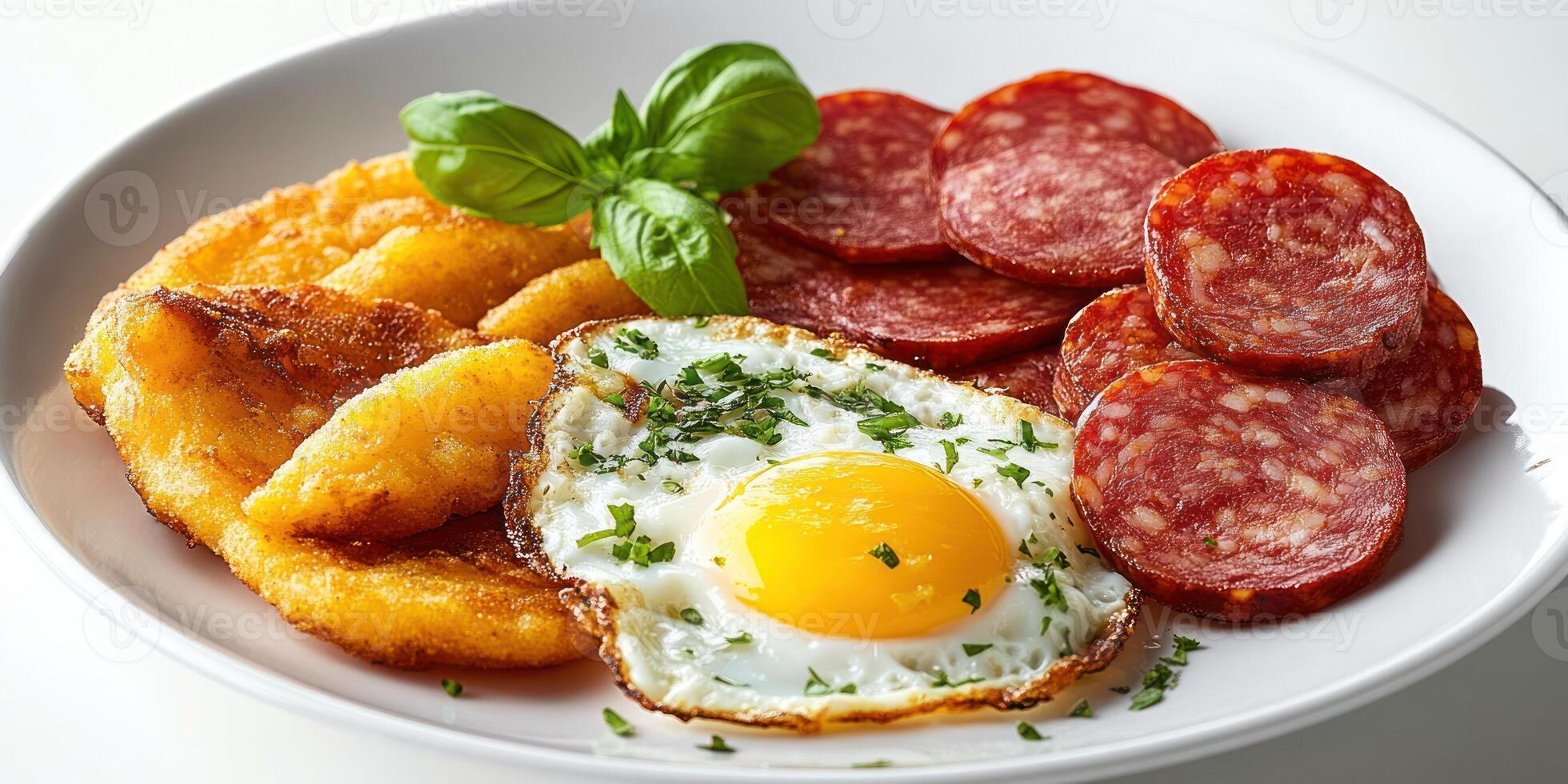 Fried Egg, Salami, and Potato Bites on a White Plate photo