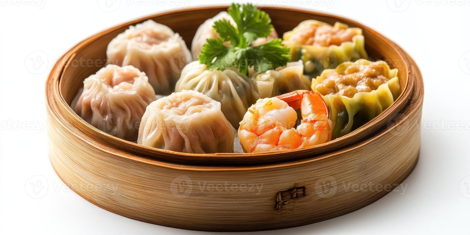 Steamed Dumplings and Shrimp in Bamboo Steamer photo