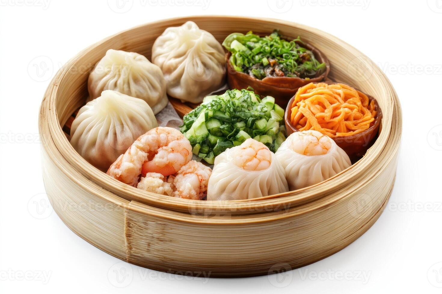 Steamed Dumplings and Shrimp in a Bamboo Steamer photo