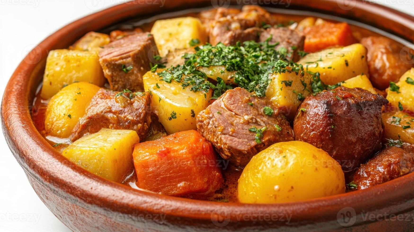 Close-up of a clay pot filled with beef stew and potatoes photo