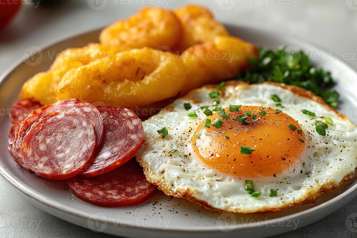 Fried Egg with Salami, Fried Onion Rings, and Chives on a Plate photo