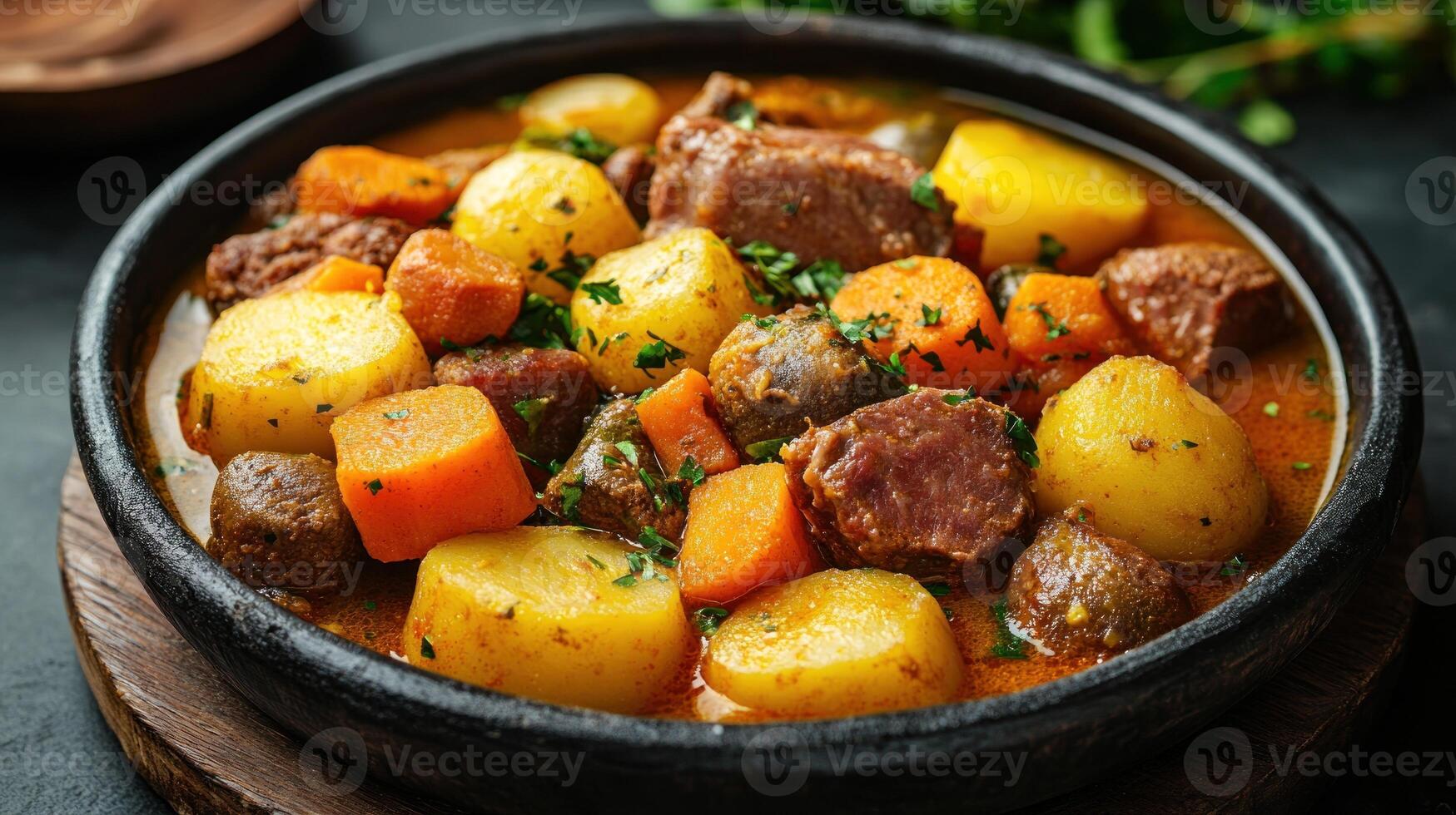 Close-up of Beef Stew with Potatoes and Carrots in a Clay Pot photo