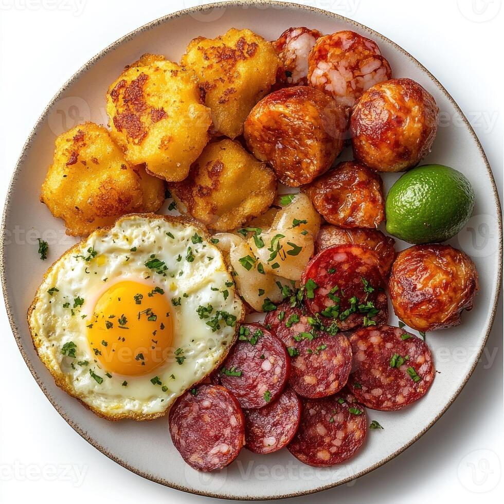 Fried Egg, Salami, and Fried Potatoes on a Plate photo