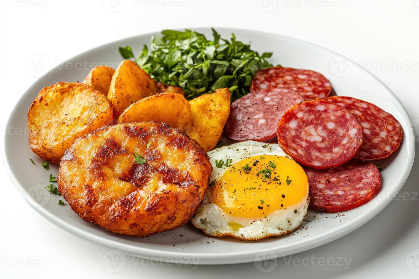 Fried Egg, Salami, Potato, and Greens on a Plate photo
