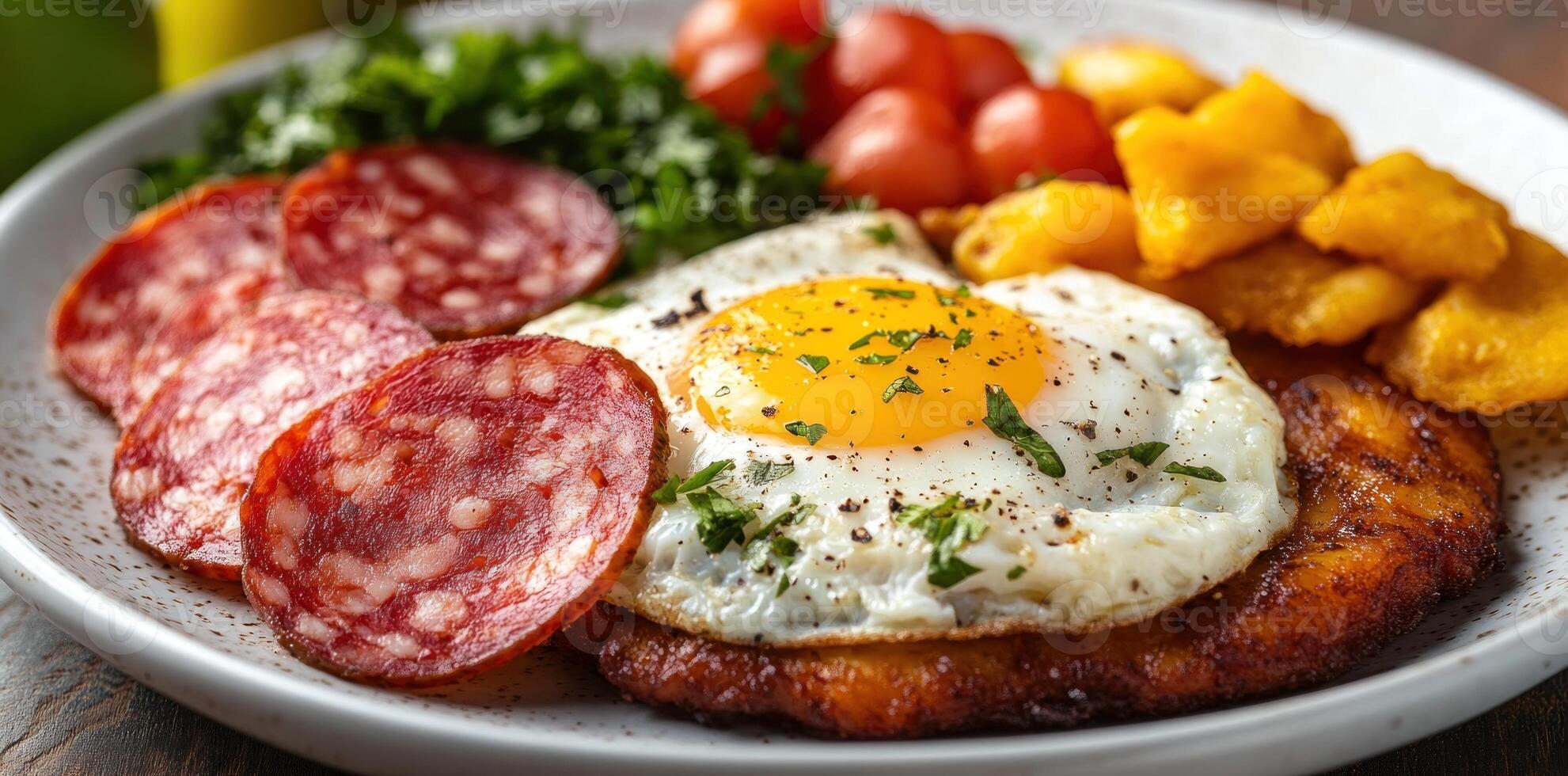 Fried Egg, Salami, and Fried Plantains on a White Plate photo