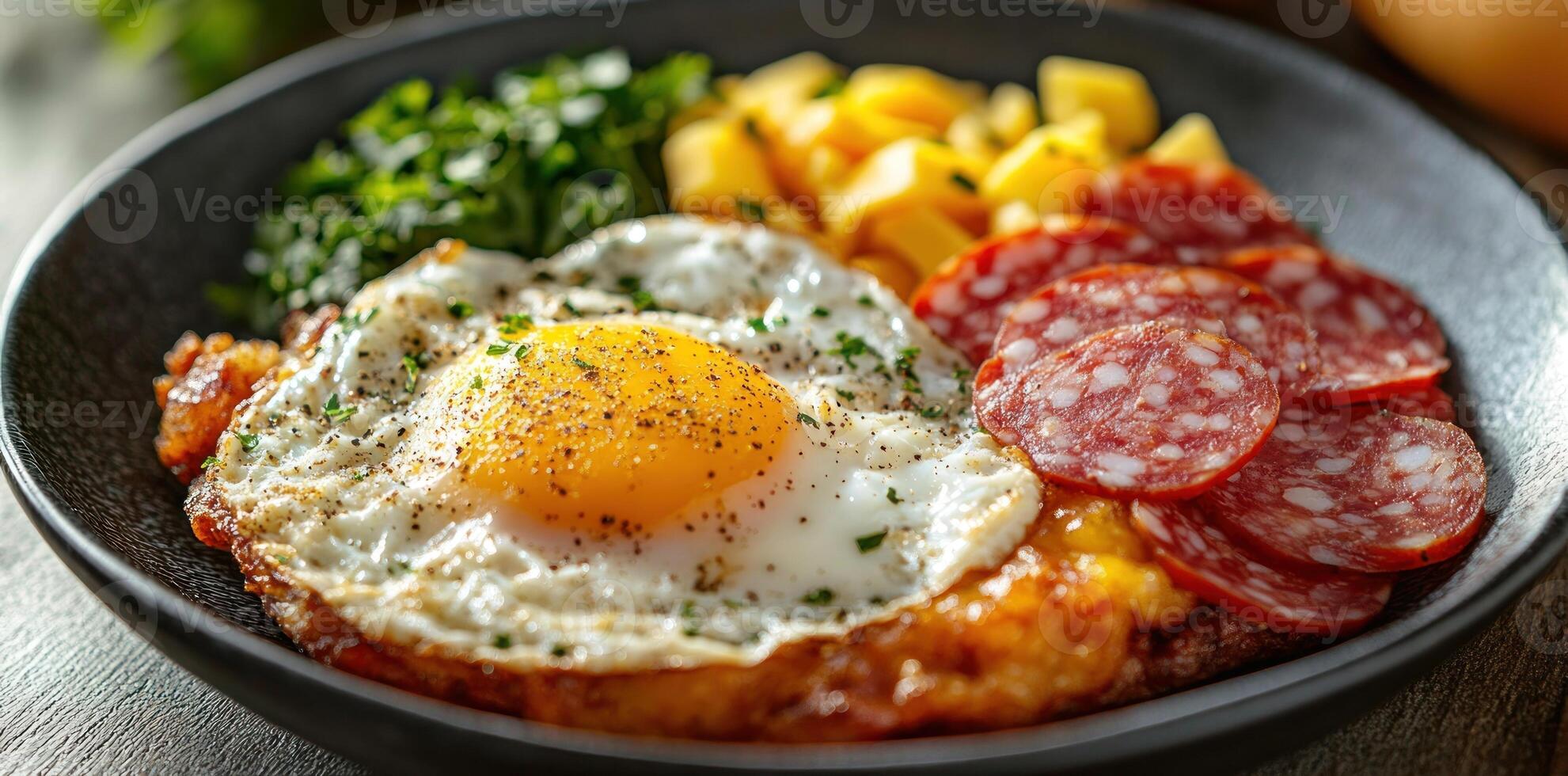 Fried Egg with Salami and Potato Hash on a Black Plate photo
