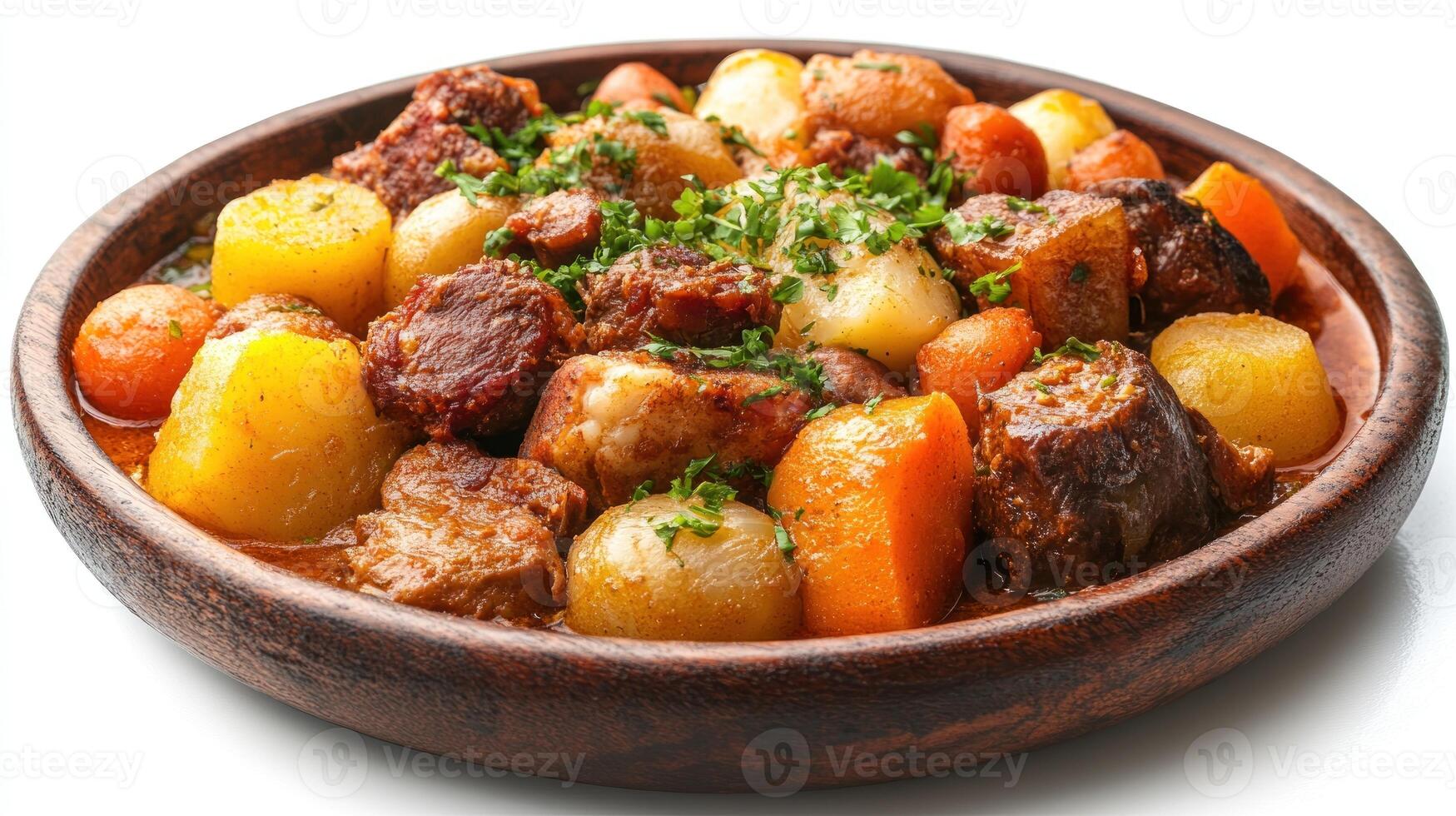Close-Up of a Wooden Bowl Filled with Beef Stew and Vegetables photo