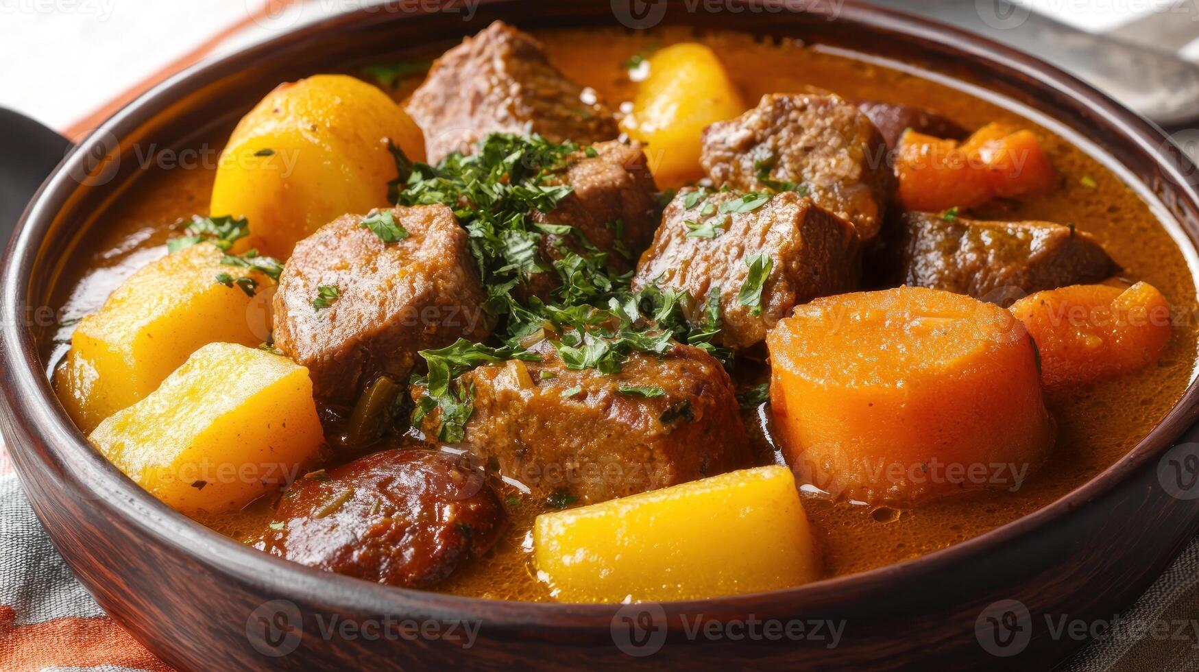 Close-up of Beef Stew with Potatoes and Carrots in a Brown Bowl photo