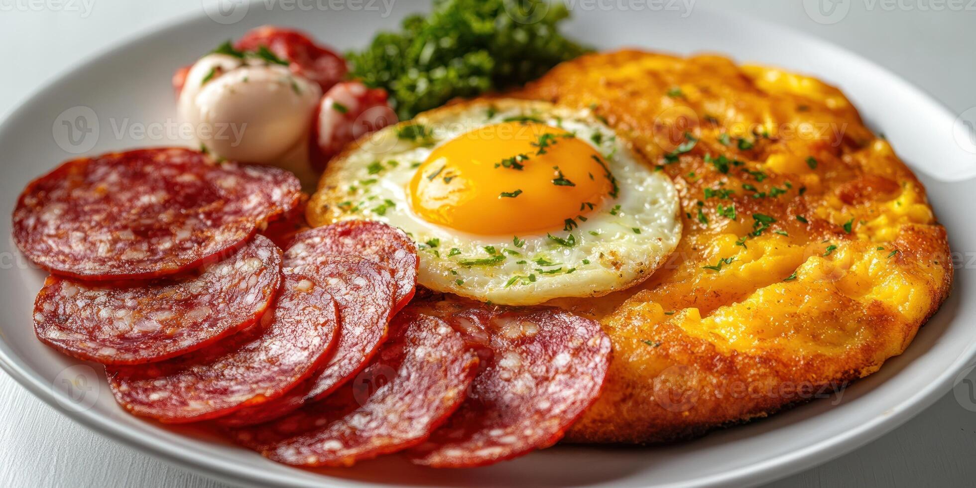 Fried Egg, Salami, and Potato Pancake Breakfast Plate photo